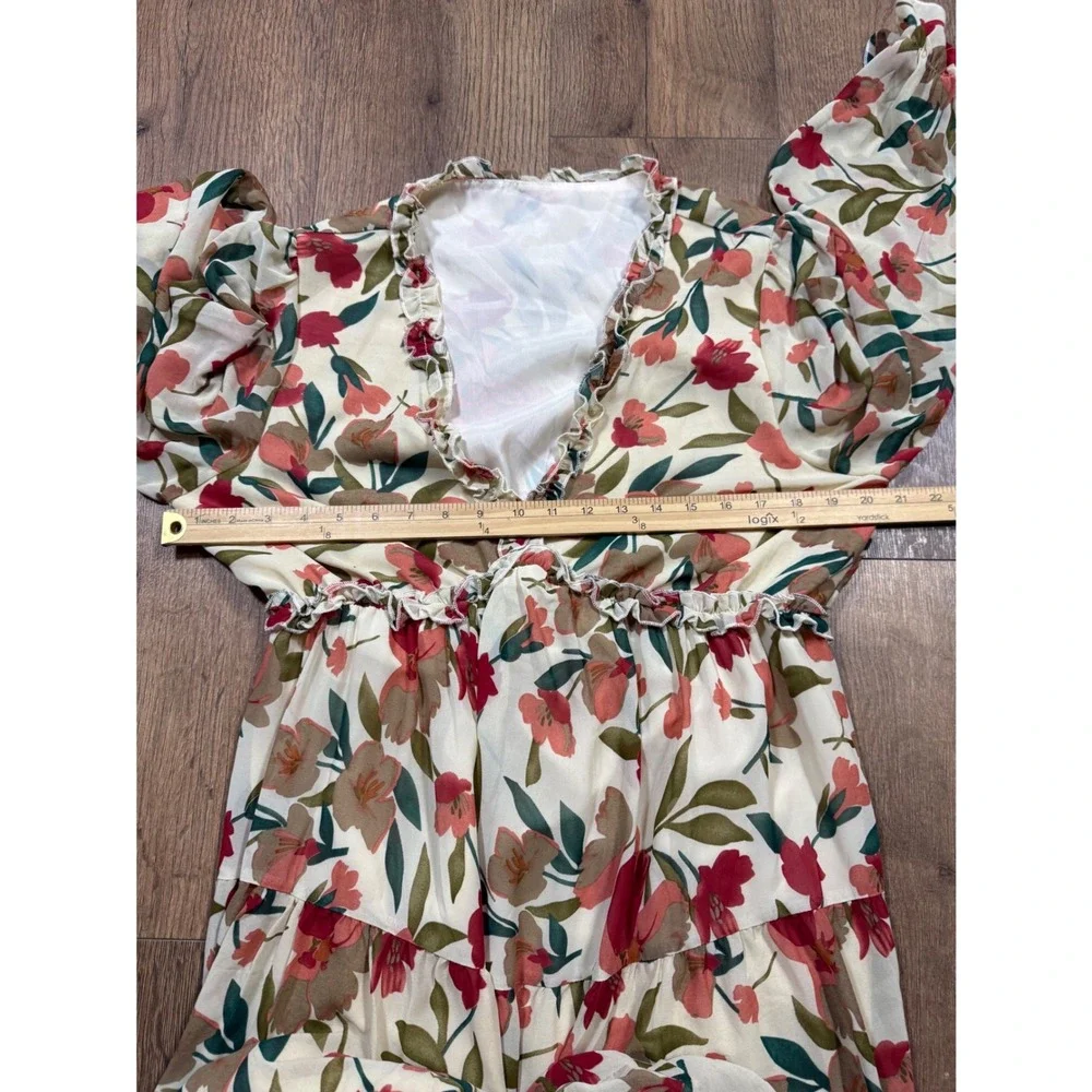 Floral Chiffon Tiered Maxi Dress Long Sleeve Ruffle V-Neck Cream Red Large